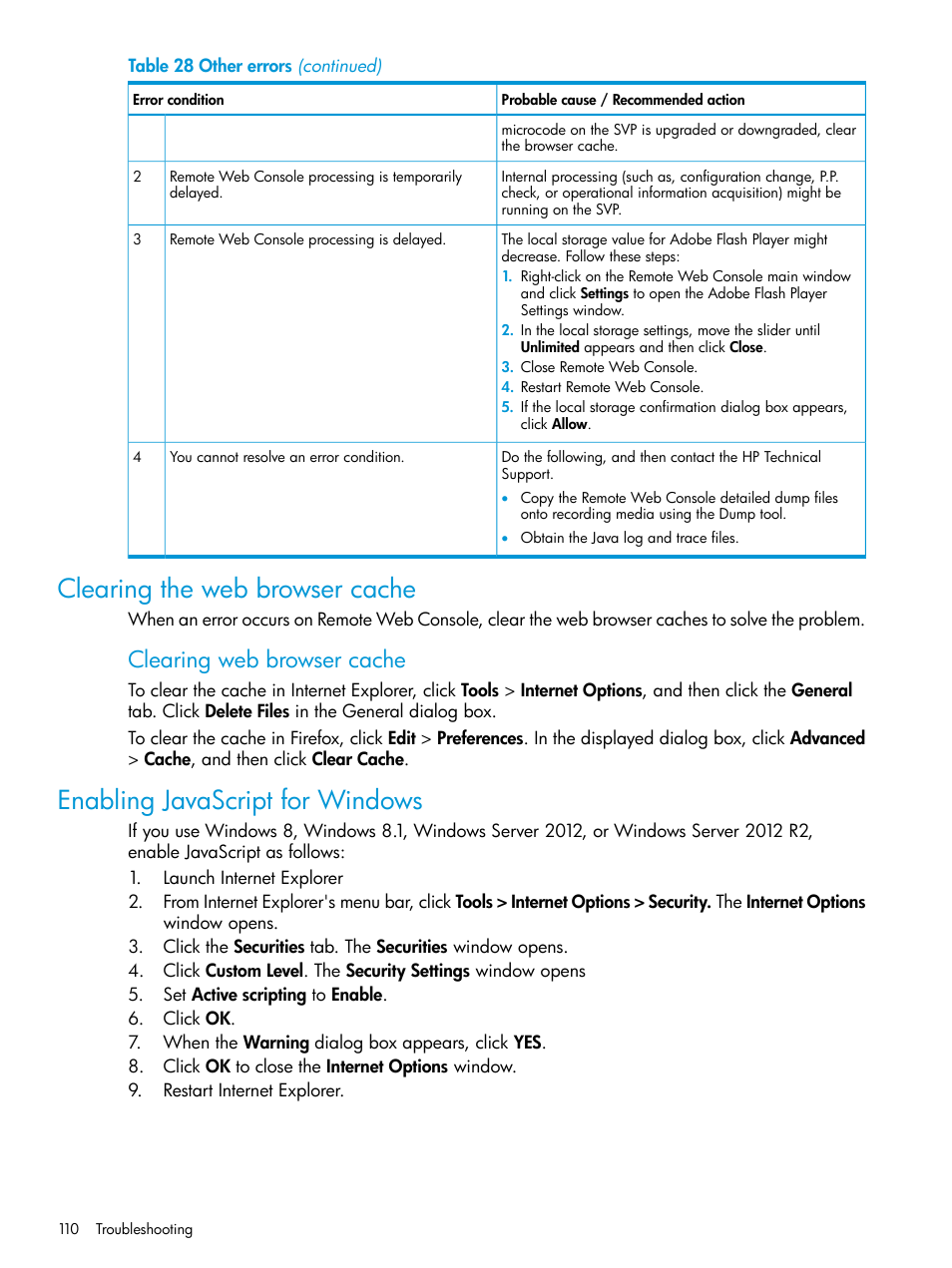 Clearing the web browser cache, Enabling javascript for windows, Clearing web browser cache | HP XP7 Storage User Manual | Page 110 / 258