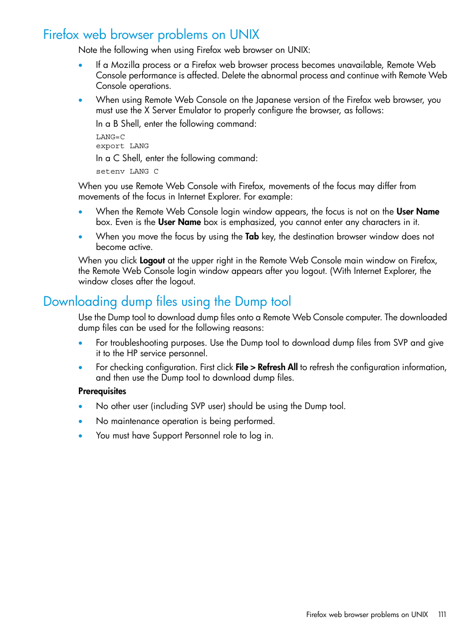 Firefox web browser problems on unix, Downloading dump files using the dump tool | HP XP7 Storage User Manual | Page 111 / 258