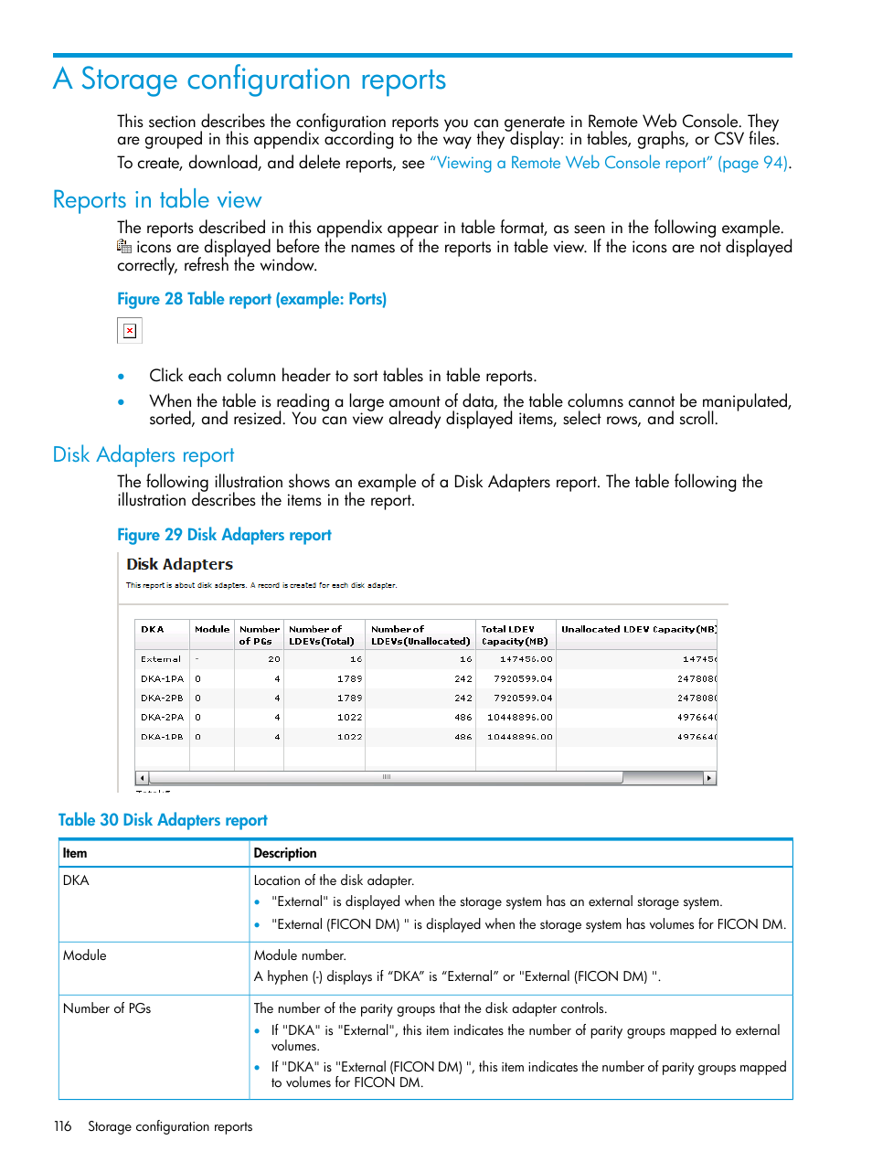 A storage configuration reports, Reports in table view, Disk adapters report | HP XP7 Storage User Manual | Page 116 / 258