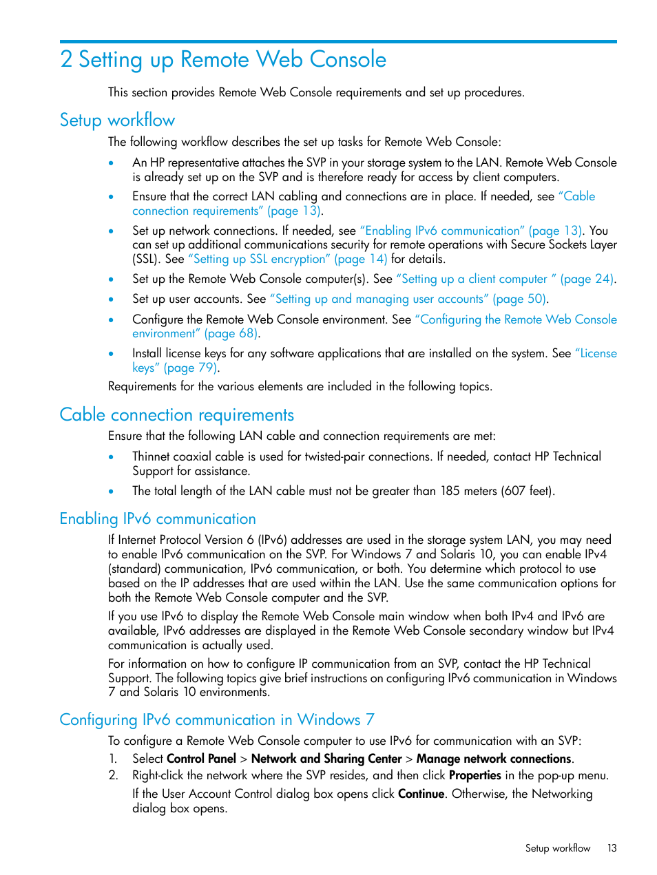 2 setting up remote web console, Setup workflow, Cable connection requirements | Enabling ipv6 communication, Configuring ipv6 communication in windows 7, Setup workflow cable connection requirements | HP XP7 Storage User Manual | Page 13 / 258