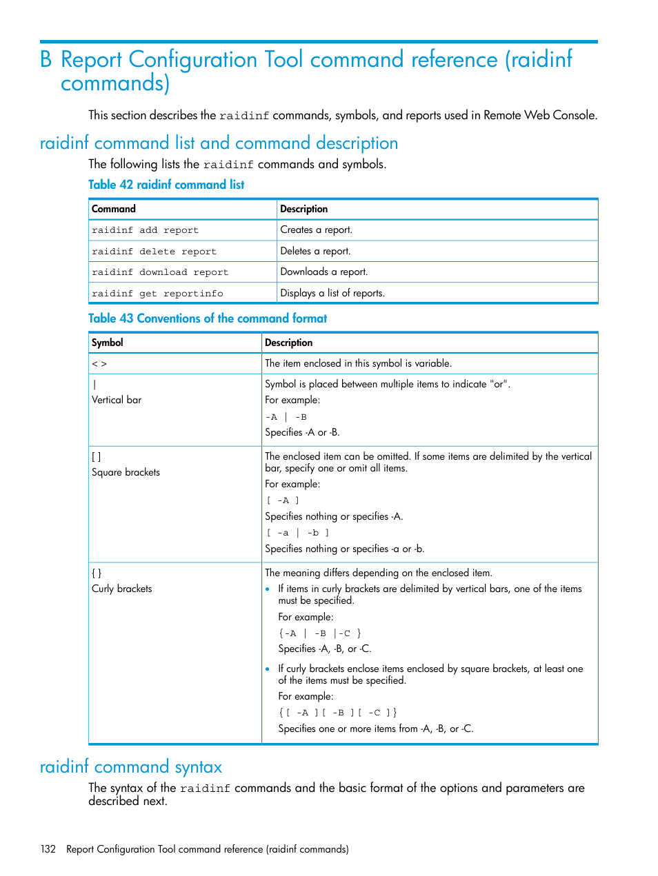 Raidinf command list and command description, Raidinf command syntax, Report configuration tool command reference | Report configuration tool, Report configuration tool command | HP XP7 Storage User Manual | Page 132 / 258