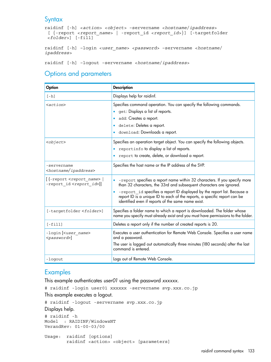 Syntax, Options and parameters, Examples | HP XP7 Storage User Manual | Page 133 / 258