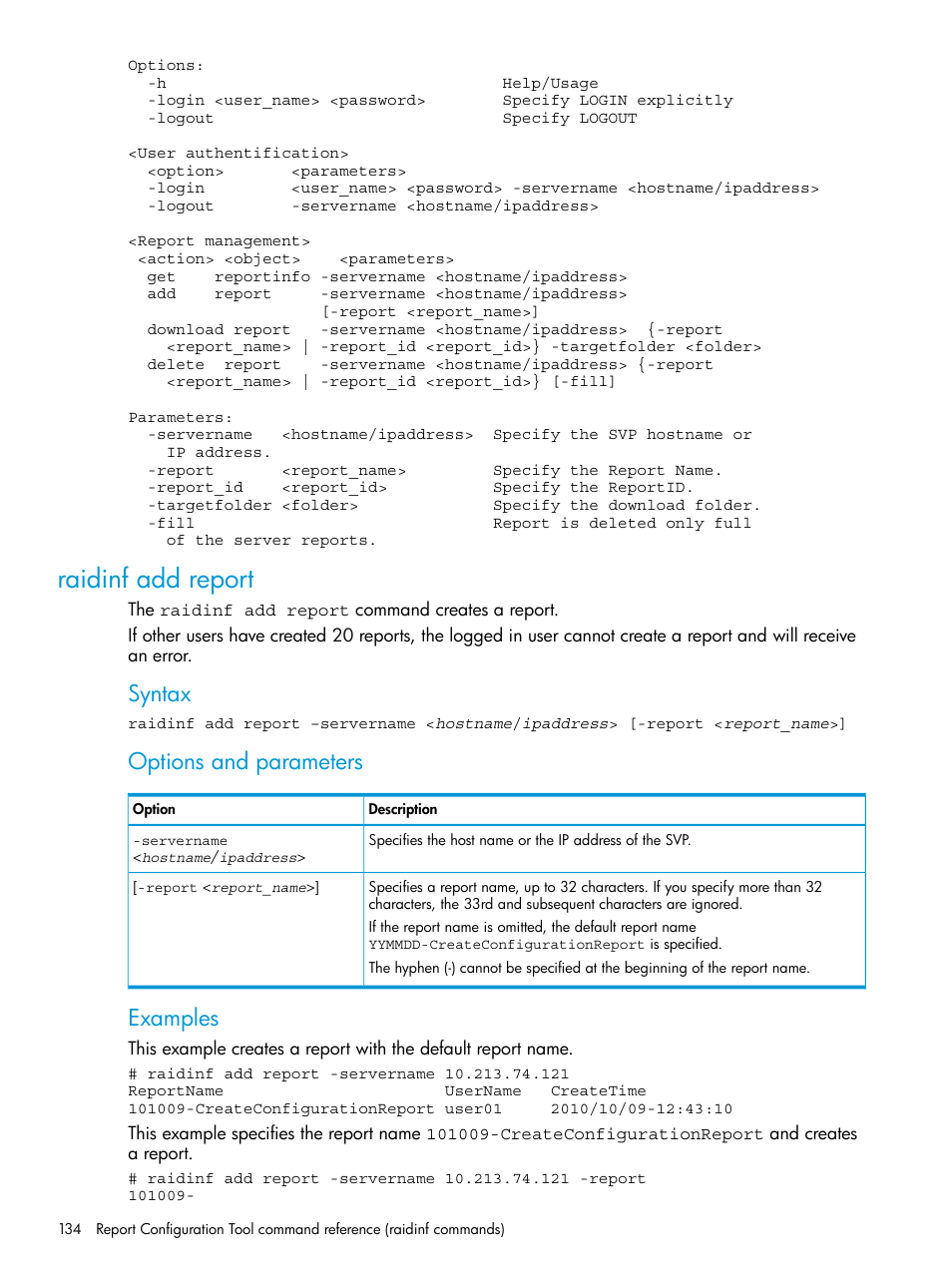 Raidinf add report, Syntax, Options and parameters | Examples | HP XP7 Storage User Manual | Page 134 / 258