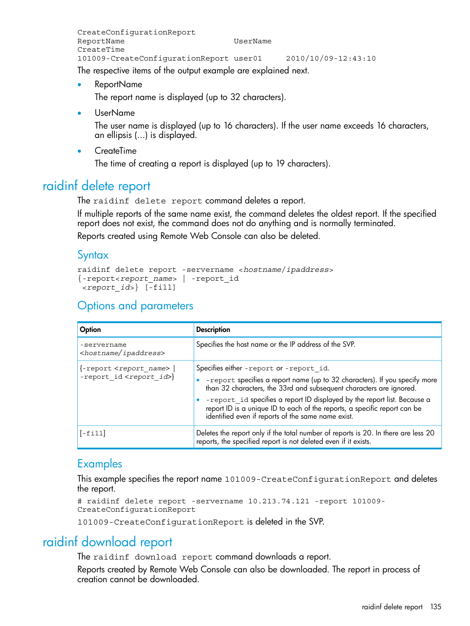 Raidinf delete report, Raidinf download report, Raidinf delete report raidinf download report | Syntax, Options and parameters, Examples | HP XP7 Storage User Manual | Page 135 / 258