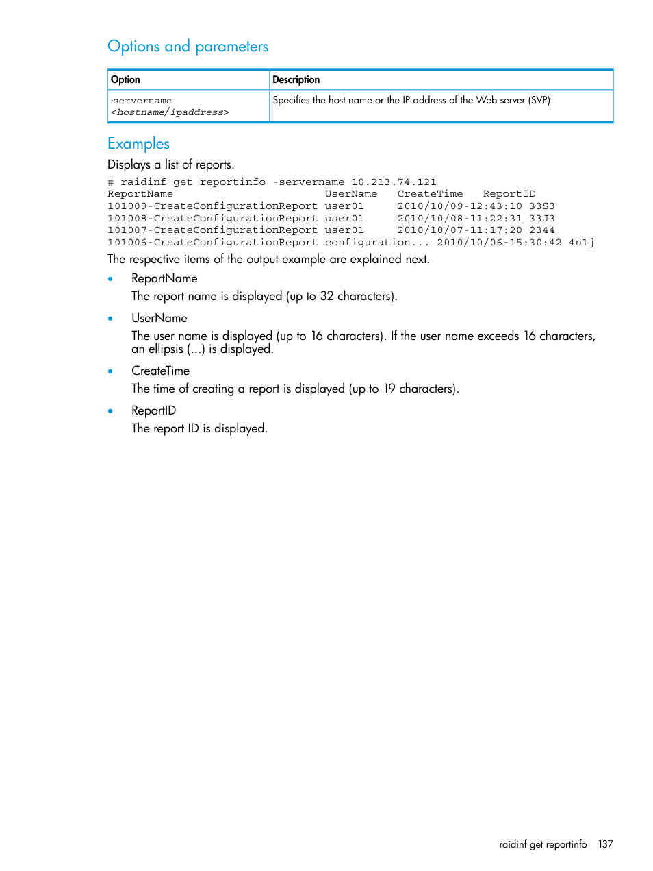 Options and parameters, Examples | HP XP7 Storage User Manual | Page 137 / 258