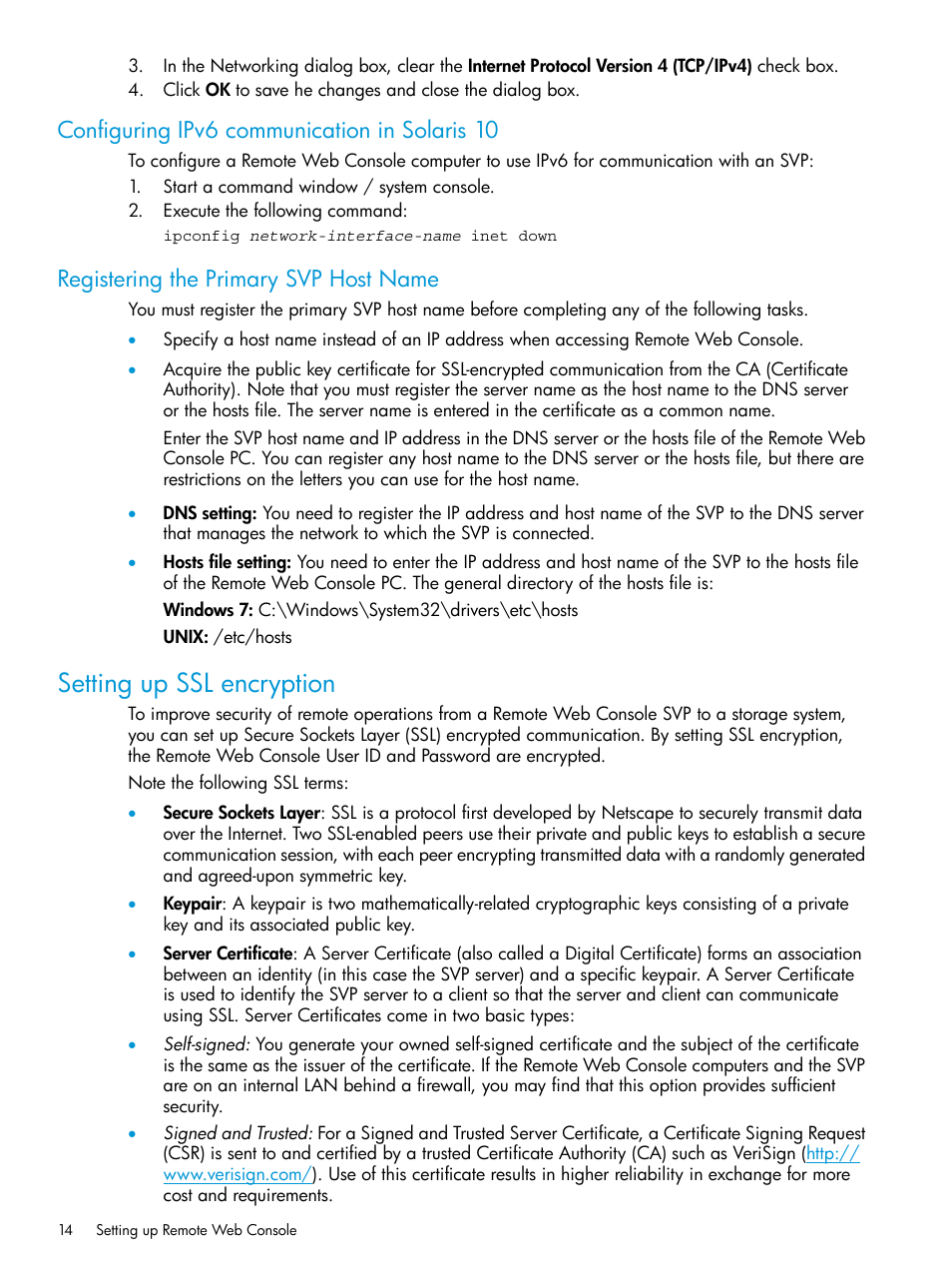 Configuring ipv6 communication in solaris 10, Registering the primary svp host name, Setting up ssl encryption | HP XP7 Storage User Manual | Page 14 / 258