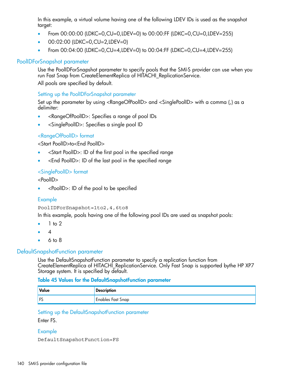 Poolidforsnapshot parameter, Defaultsnapshotfunction parameter | HP XP7 Storage User Manual | Page 140 / 258