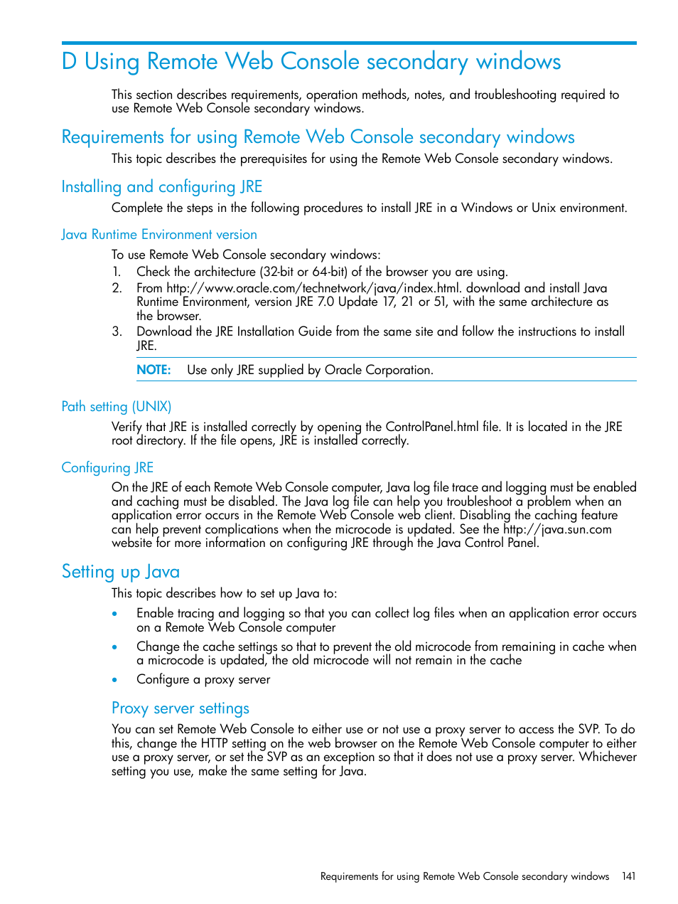 D using remote web console secondary windows, Installing and configuring jre, Java runtime environment version | Path setting (unix), Configuring jre, Setting up java, Using remote web, Proxy server settings | HP XP7 Storage User Manual | Page 141 / 258