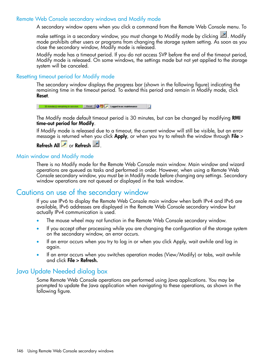 Resetting timeout period for modify mode, Main window and modify mode, Cautions on use of the secondary window | Java update needed dialog box | HP XP7 Storage User Manual | Page 146 / 258