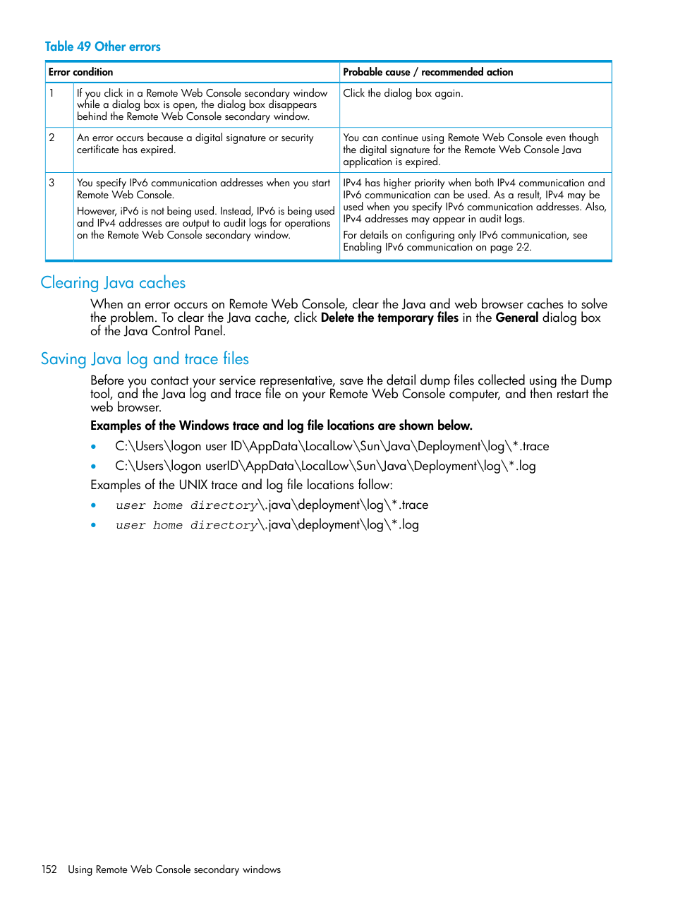 Clearing java caches, Saving java log and trace files | HP XP7 Storage User Manual | Page 152 / 258