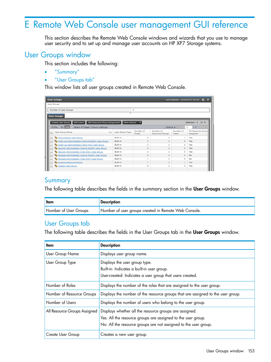 E remote web console user management gui reference, User groups window, Summary | User groups tab | HP XP7 Storage User Manual | Page 153 / 258