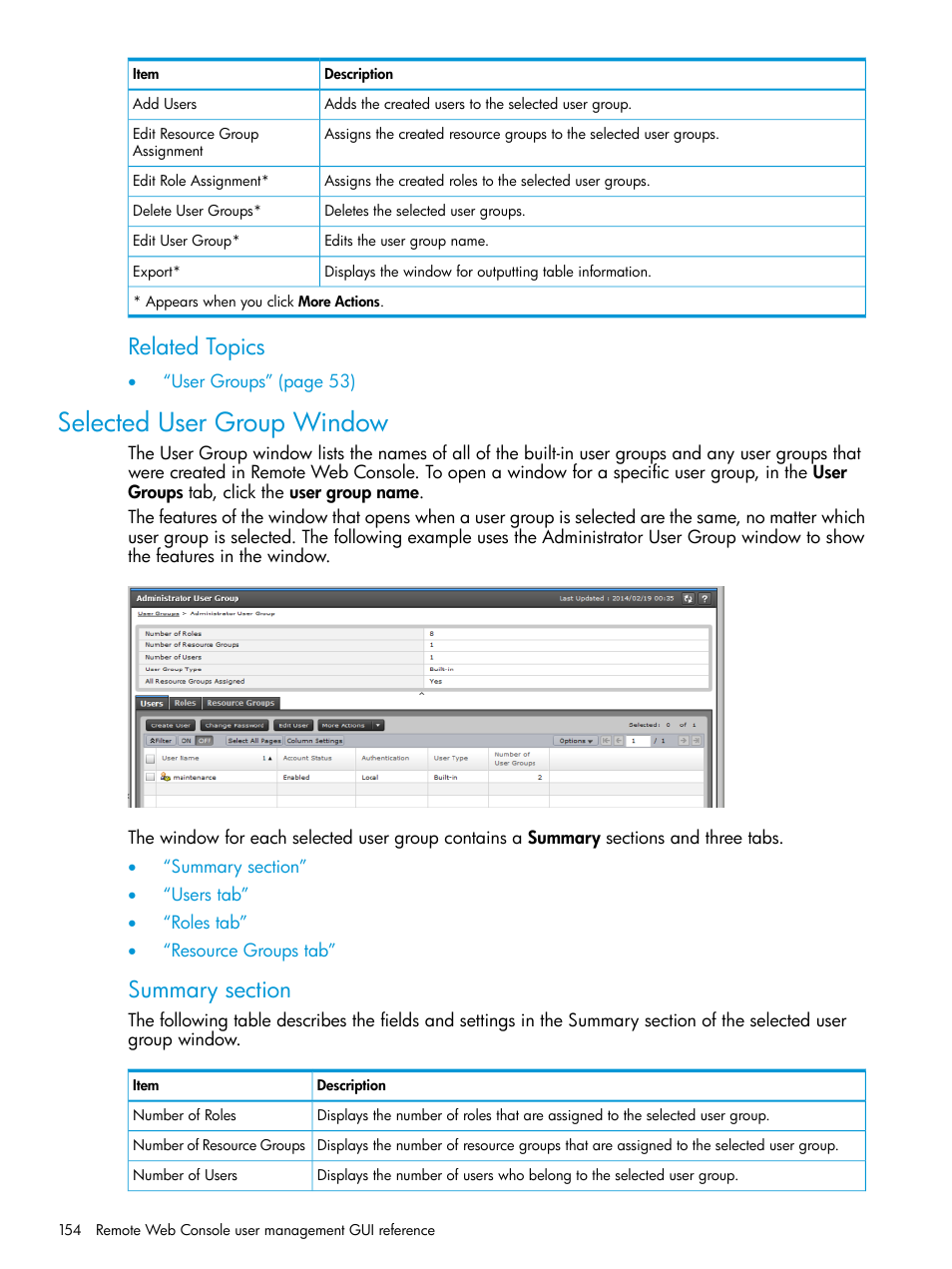 Selected user group window, Related topics | HP XP7 Storage User Manual | Page 154 / 258