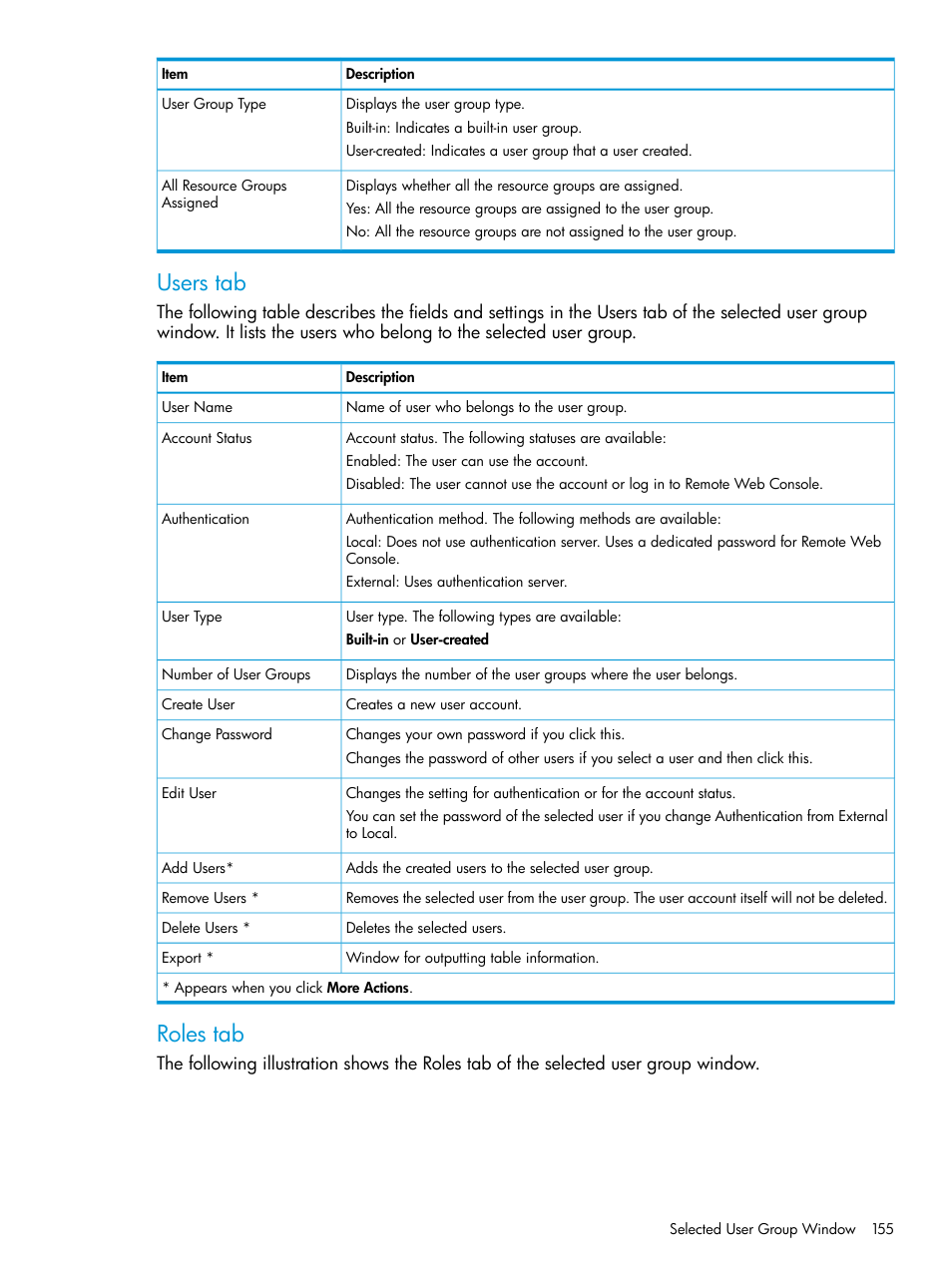 Users tab, Roles tab | HP XP7 Storage User Manual | Page 155 / 258