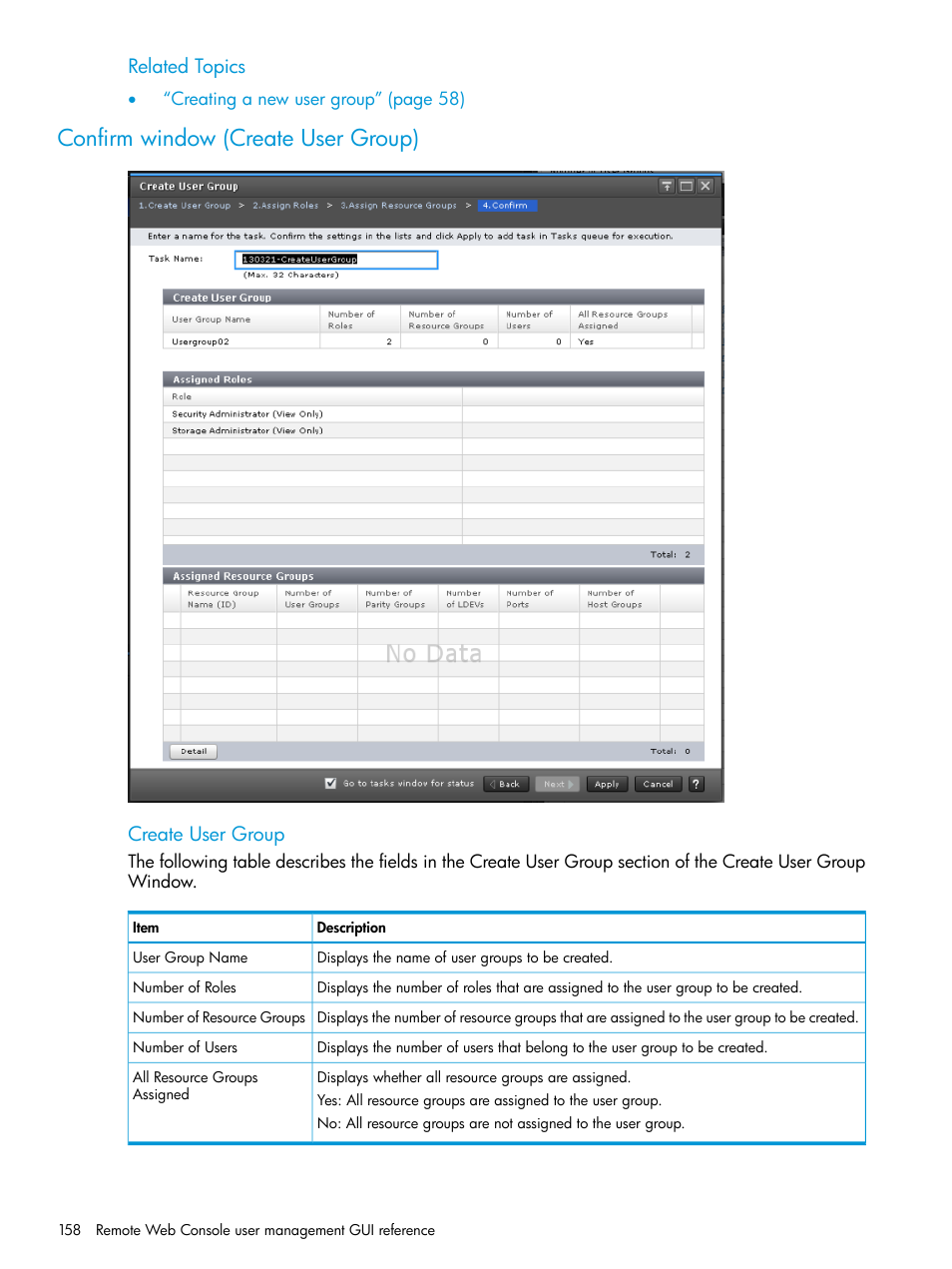 Confirm window (create user group), Related topics, Create user group | HP XP7 Storage User Manual | Page 158 / 258