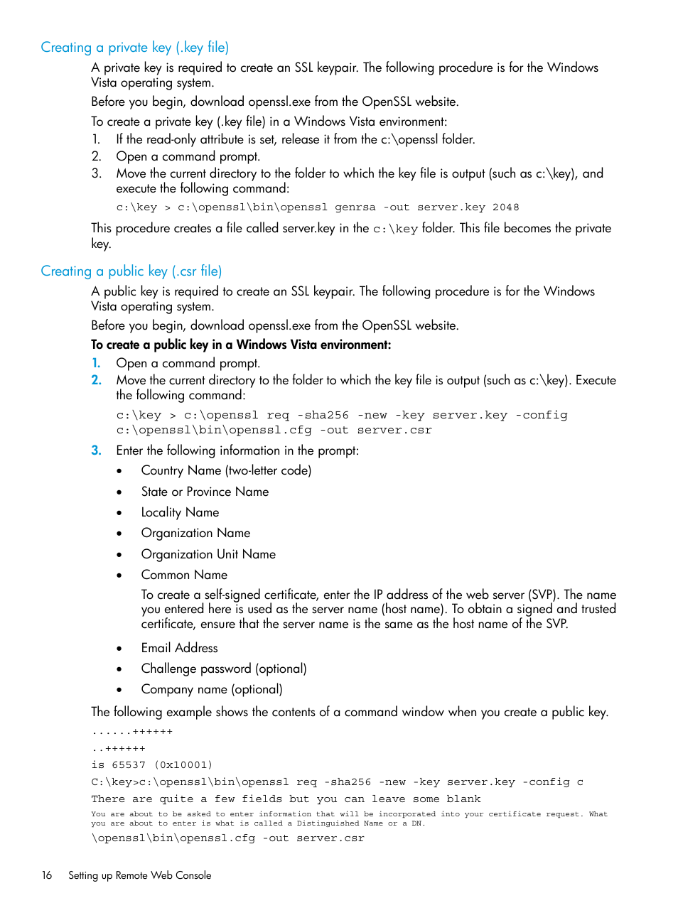 Creating a private key (.key file), Creating a public key (.csr file) | HP XP7 Storage User Manual | Page 16 / 258