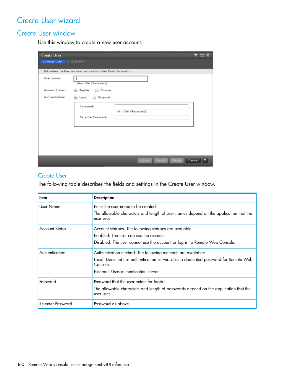 Create user wizard, Create user window, Create user | HP XP7 Storage User Manual | Page 160 / 258