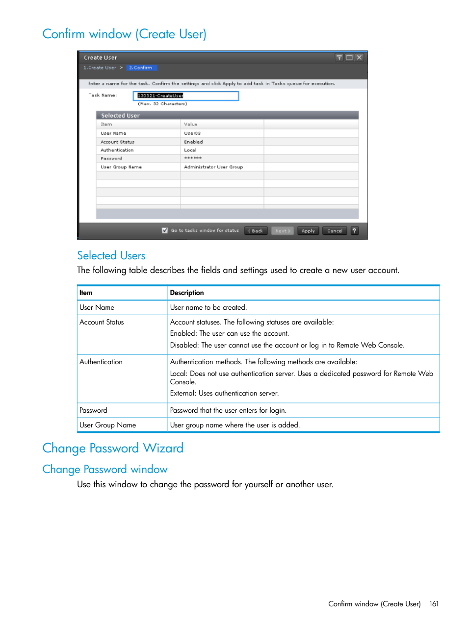 Confirm window (create user), Change password wizard, Change password window | Selected users | HP XP7 Storage User Manual | Page 161 / 258