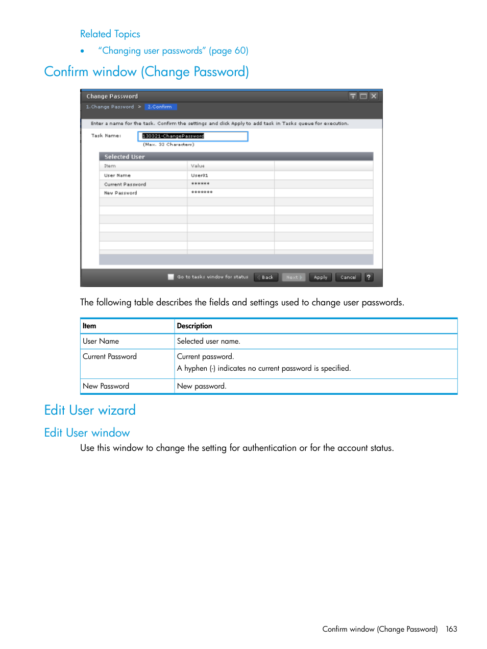 Confirm window (change password), Edit user wizard, Edit user window | HP XP7 Storage User Manual | Page 163 / 258