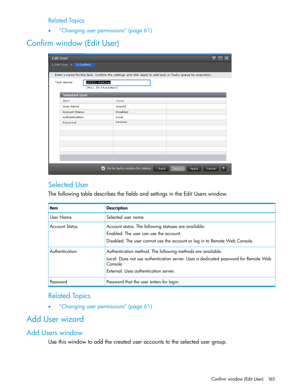 Confirm window (edit user), Add user wizard, Add users window | Confirm window (edit user) add user wizard, Selected user, Related topics | HP XP7 Storage User Manual | Page 165 / 258