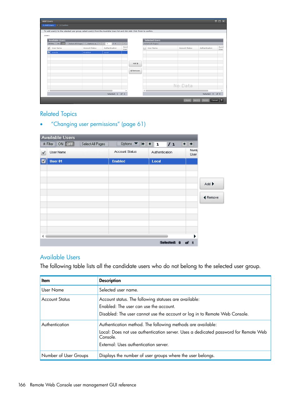 Related topics, Available users | HP XP7 Storage User Manual | Page 166 / 258