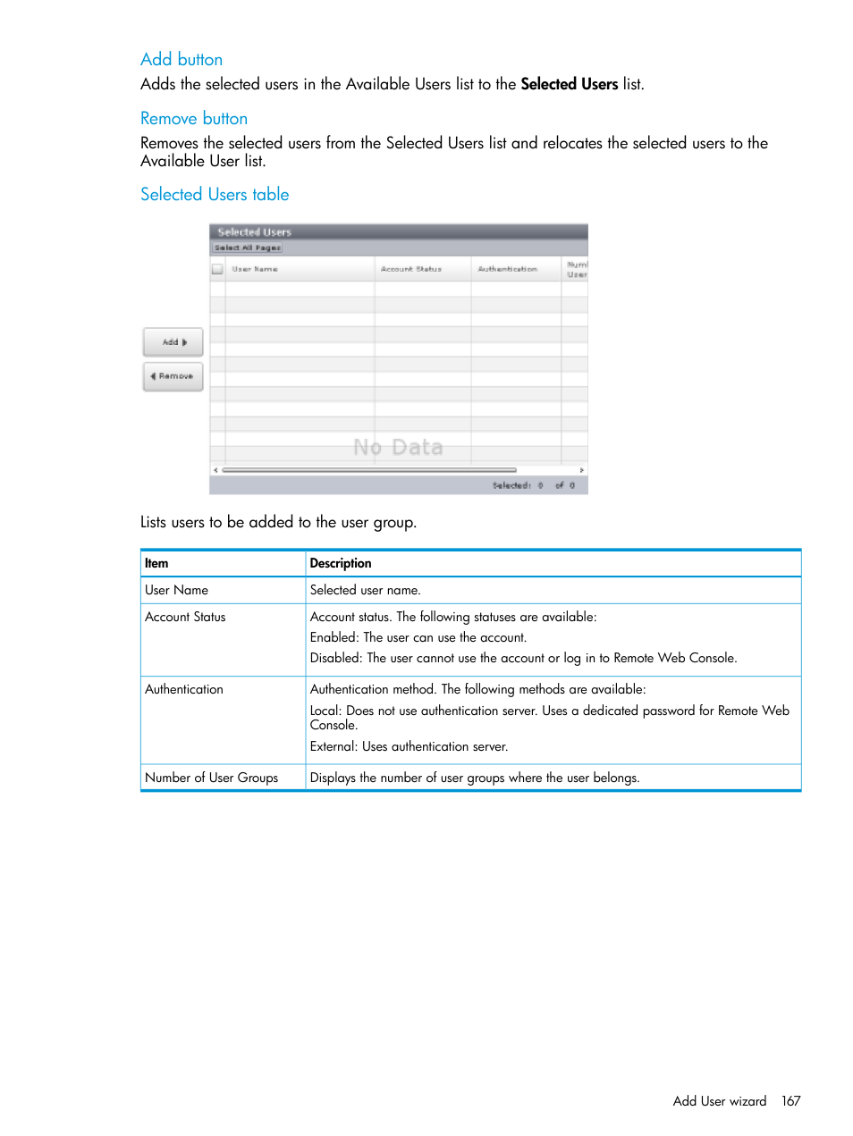 Add button, Remove button, Selected users table | HP XP7 Storage User Manual | Page 167 / 258