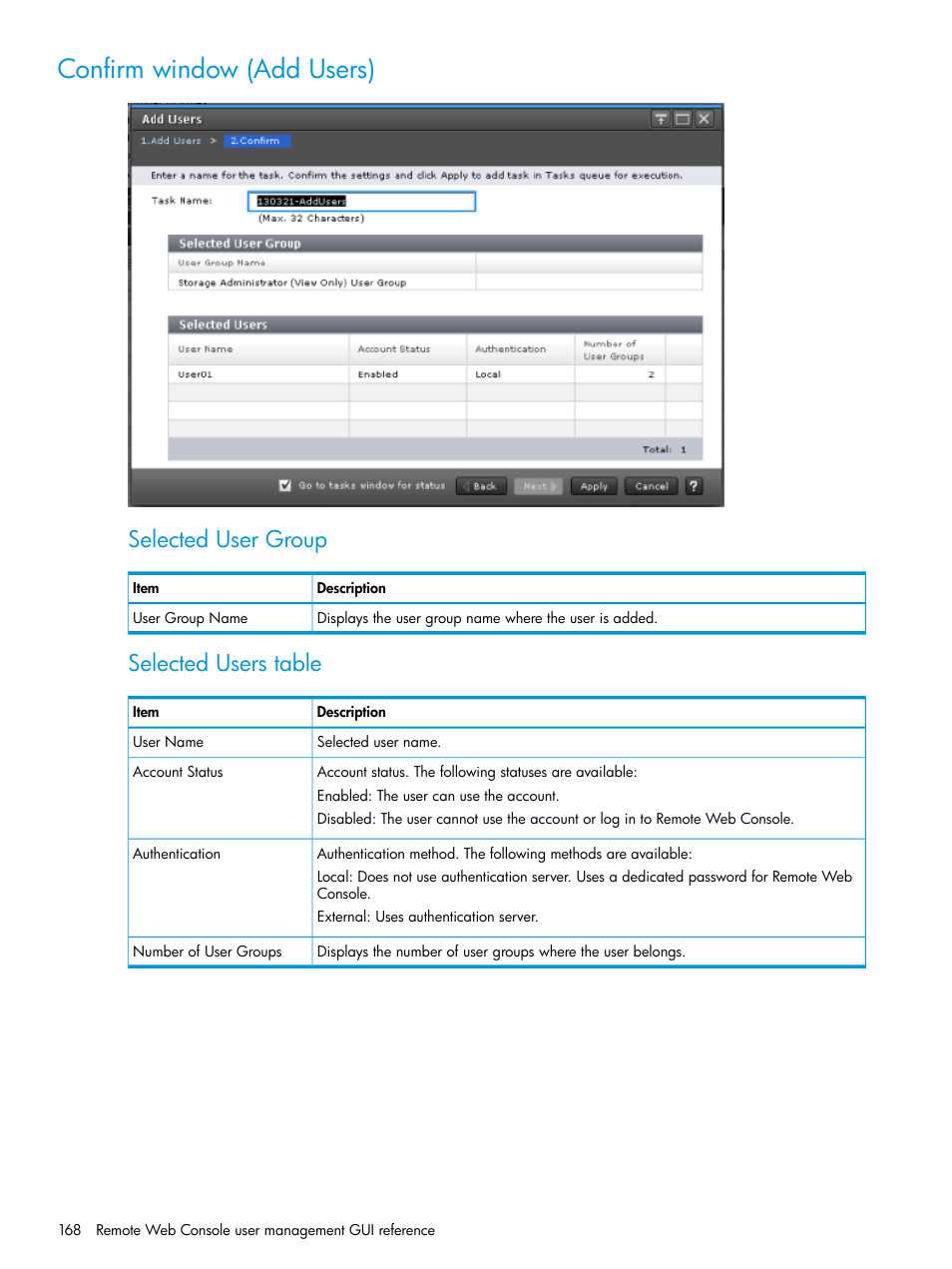 Confirm window (add users), Selected user group, Selected users table | HP XP7 Storage User Manual | Page 168 / 258