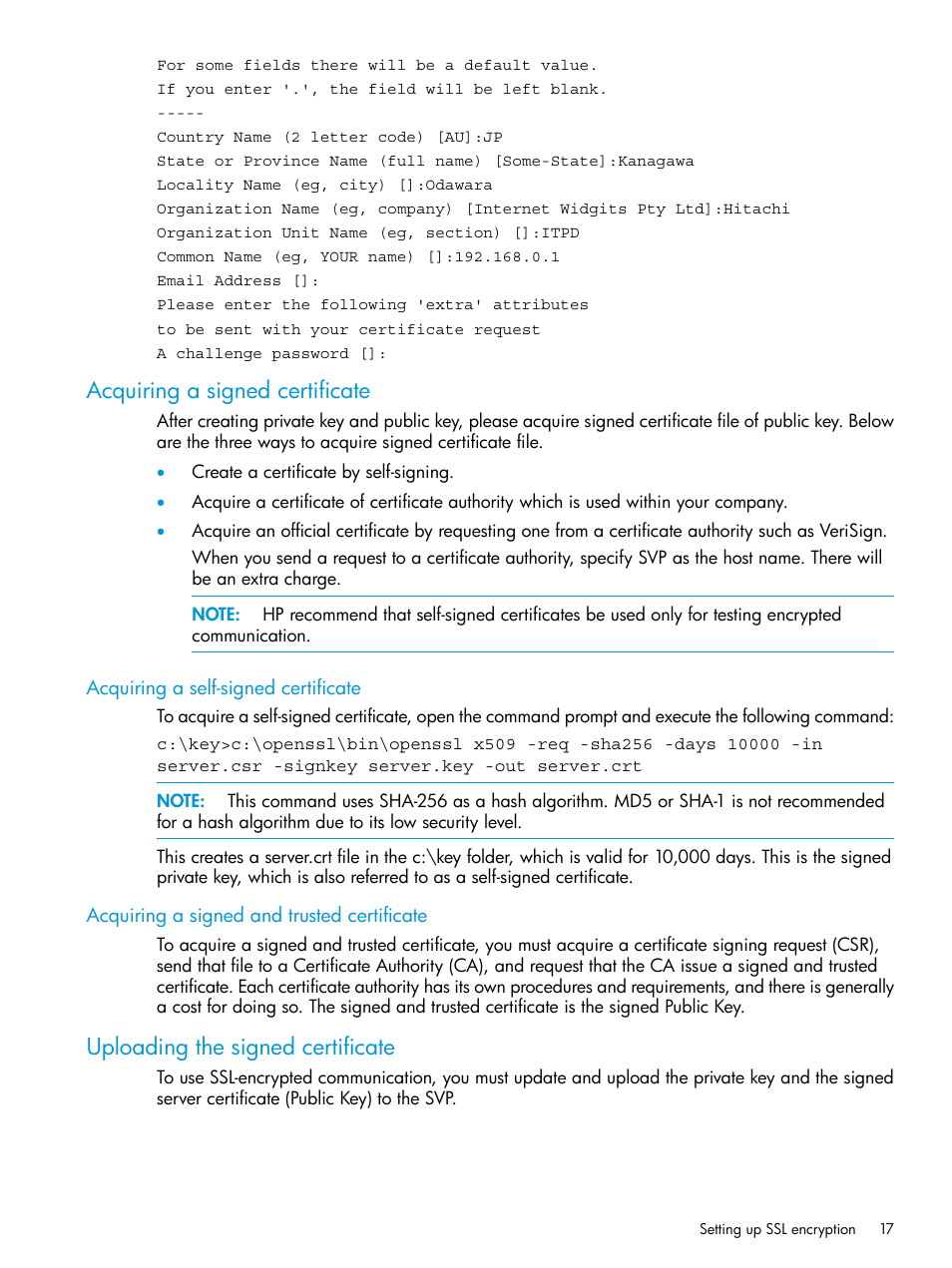 Acquiring a signed certificate, Acquiring a self-signed certificate, Acquiring a signed and trusted certificate | Uploading the signed certificate | HP XP7 Storage User Manual | Page 17 / 258