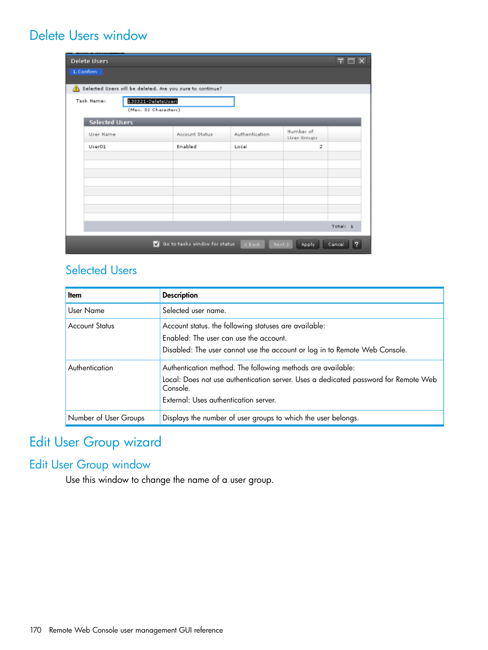 Delete users window, Edit user group wizard, Edit user group window | Delete users window edit user group wizard, Selected users | HP XP7 Storage User Manual | Page 170 / 258