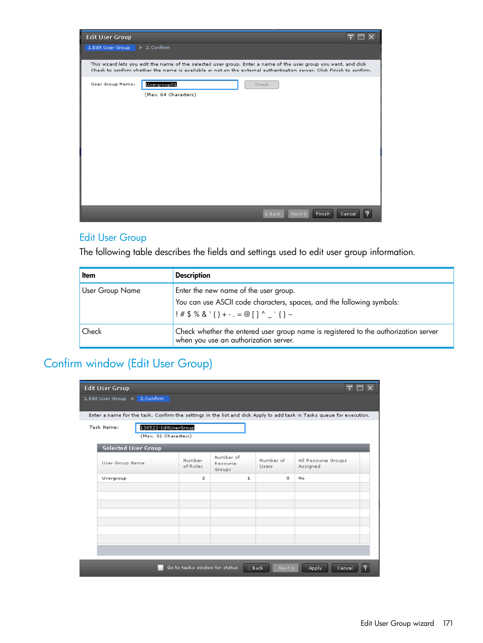 Confirm window (edit user group), Edit user group | HP XP7 Storage User Manual | Page 171 / 258