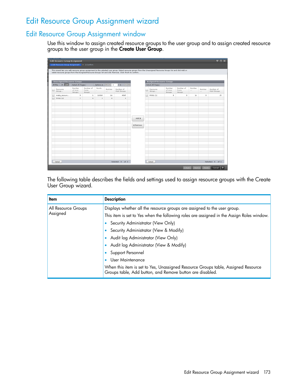 Edit resource group assignment wizard, Edit resource group assignment window | HP XP7 Storage User Manual | Page 173 / 258