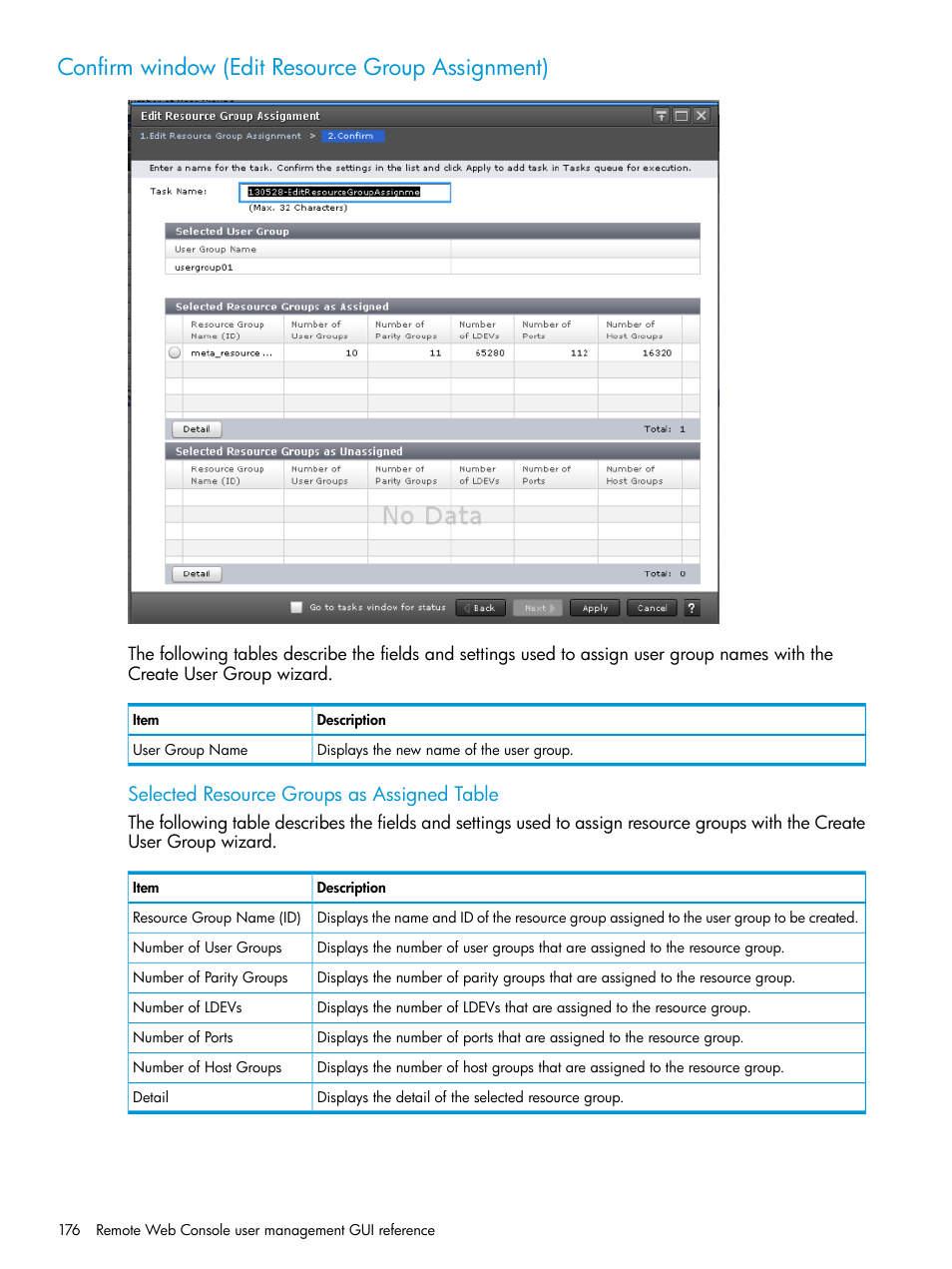 Confirm window (edit resource group assignment), Selected resource groups as assigned table | HP XP7 Storage User Manual | Page 176 / 258