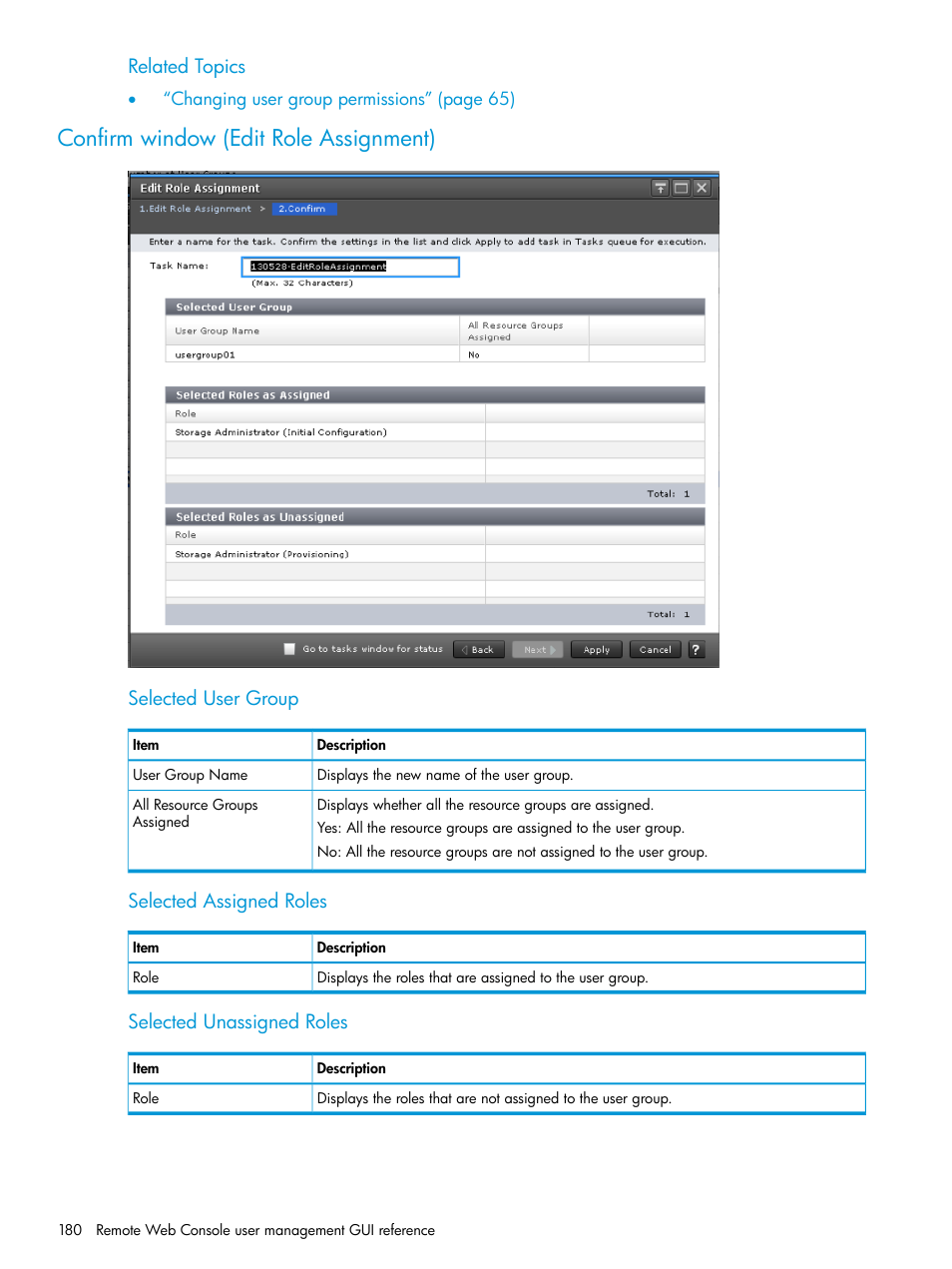 Confirm window (edit role assignment), Related topics, Selected user group | Selected assigned roles, Selected unassigned roles | HP XP7 Storage User Manual | Page 180 / 258