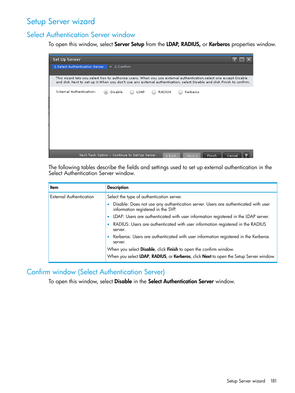 Setup server wizard, Select authentication server window, Confirm window (select authentication server) | HP XP7 Storage User Manual | Page 181 / 258