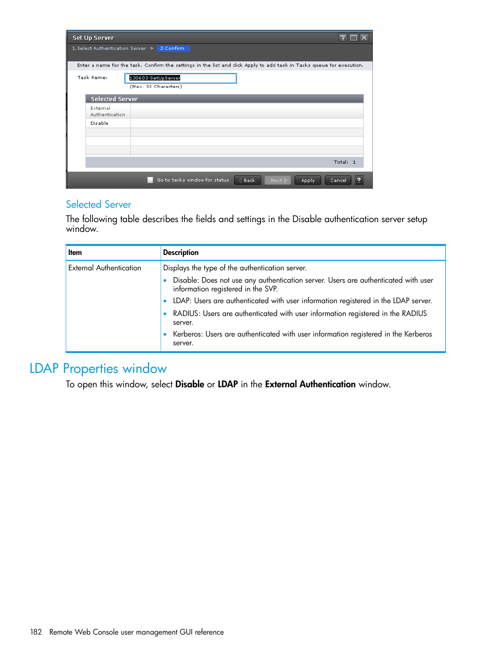 Ldap properties window, Selected server | HP XP7 Storage User Manual | Page 182 / 258