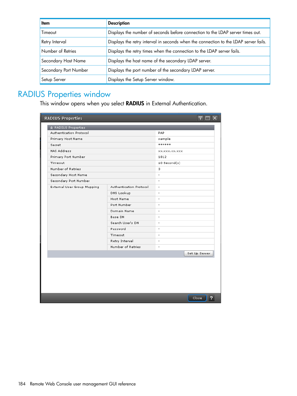 Radius properties window | HP XP7 Storage User Manual | Page 184 / 258