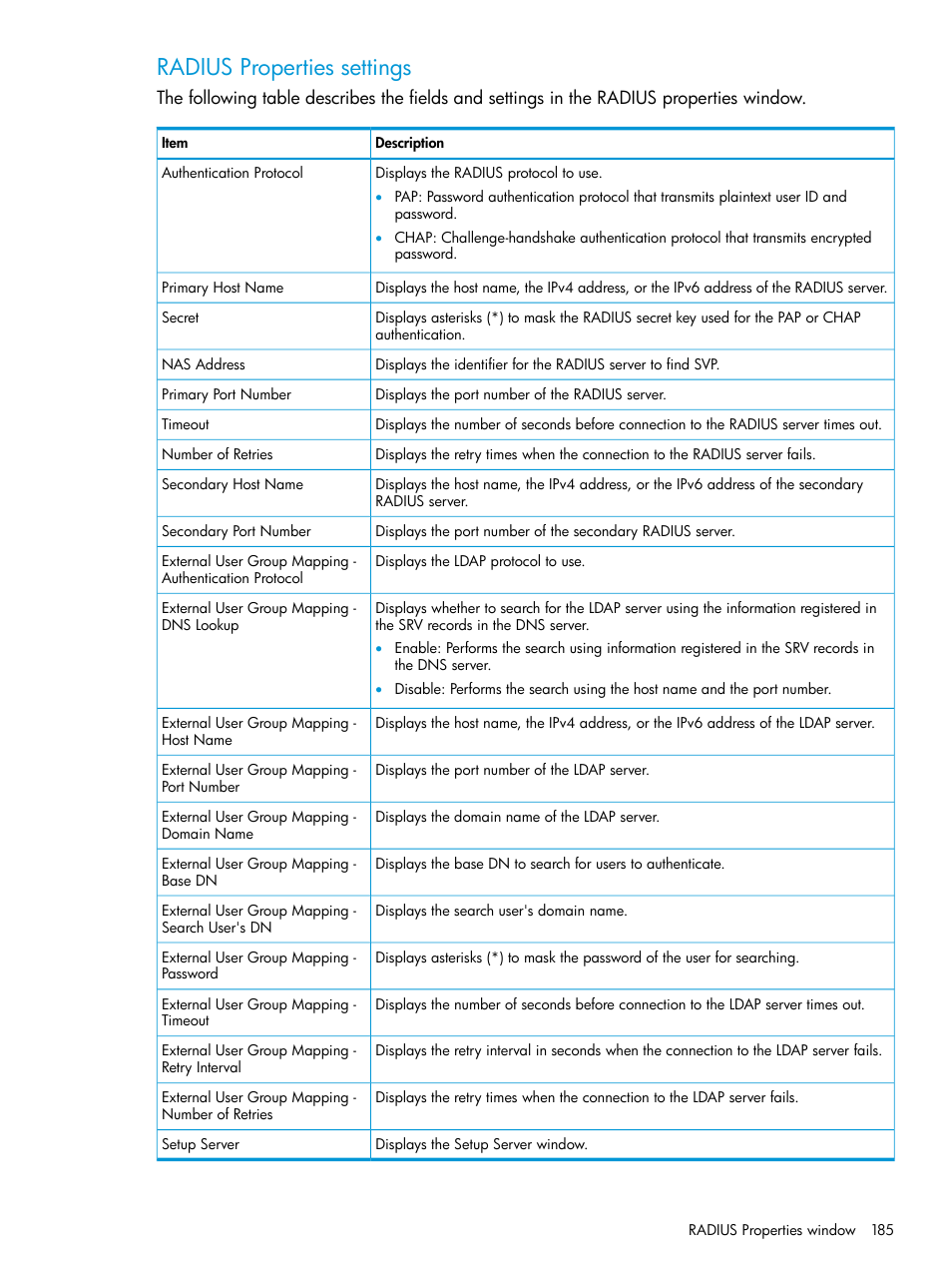 Radius properties settings | HP XP7 Storage User Manual | Page 185 / 258