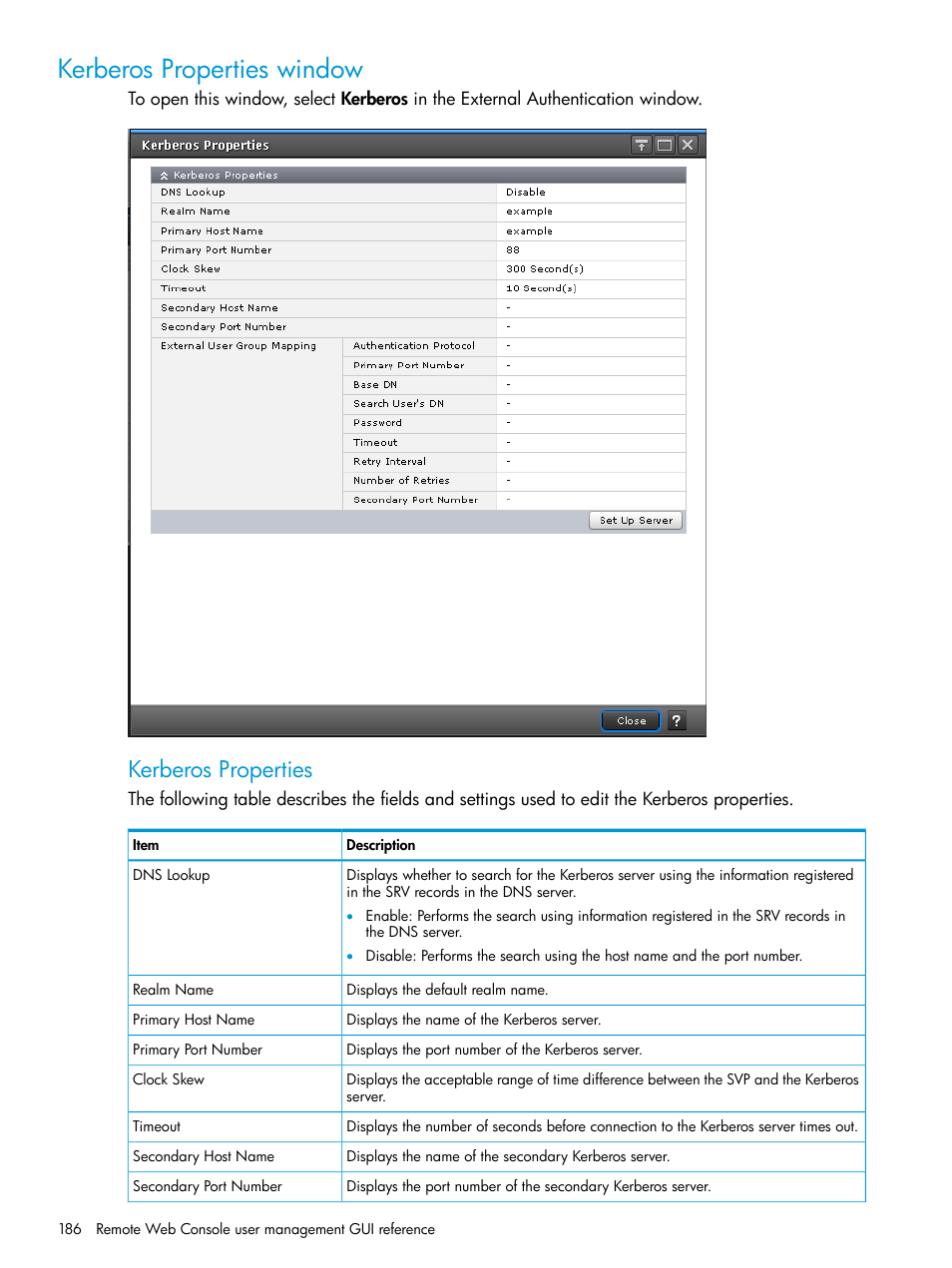 Kerberos properties window, Kerberos properties | HP XP7 Storage User Manual | Page 186 / 258