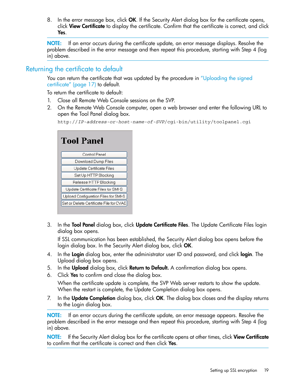 Returning the certificate to default | HP XP7 Storage User Manual | Page 19 / 258