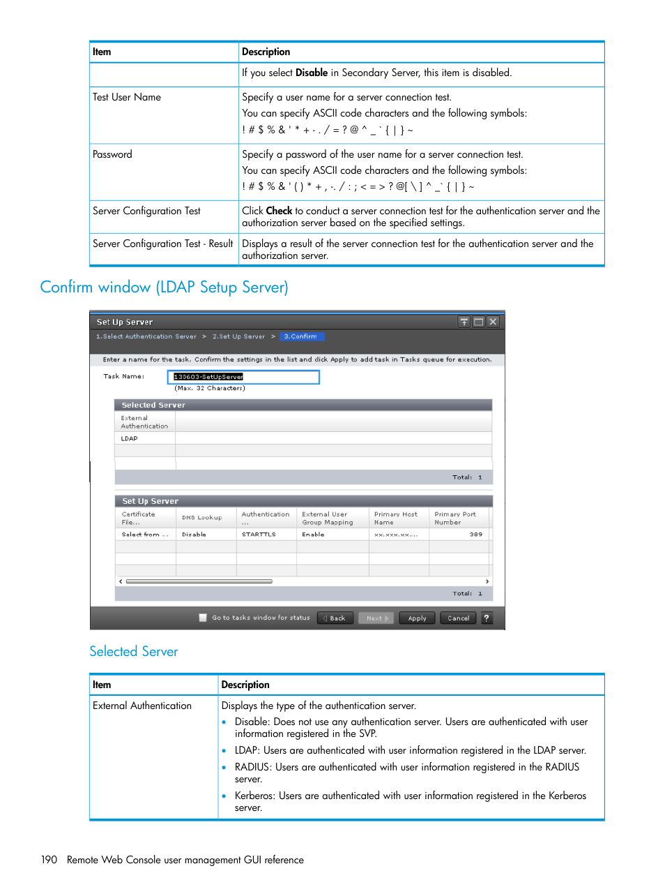 Confirm window (ldap setup server), Selected server | HP XP7 Storage User Manual | Page 190 / 258