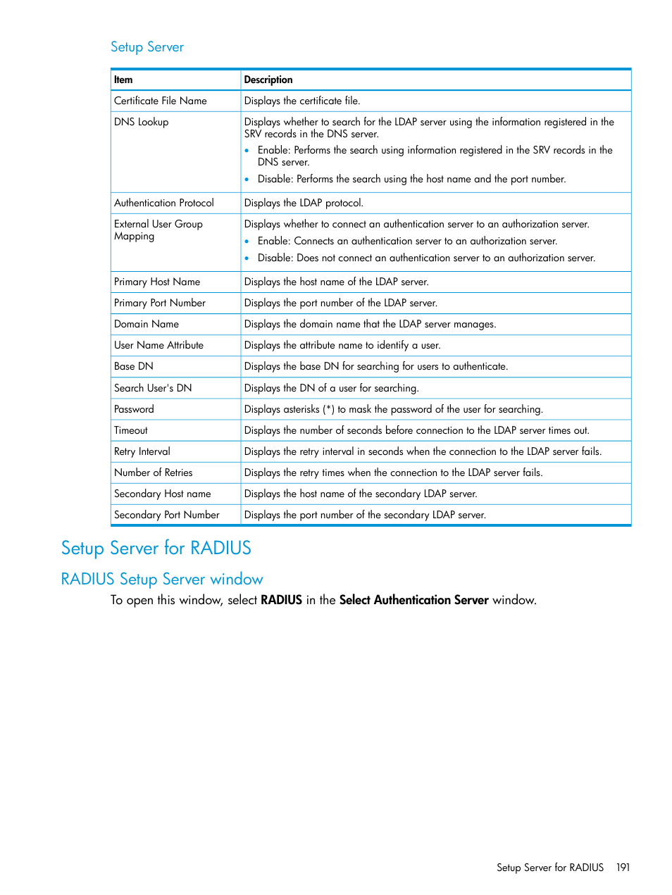 Setup server for radius, Radius setup server window, Setup server | HP XP7 Storage User Manual | Page 191 / 258