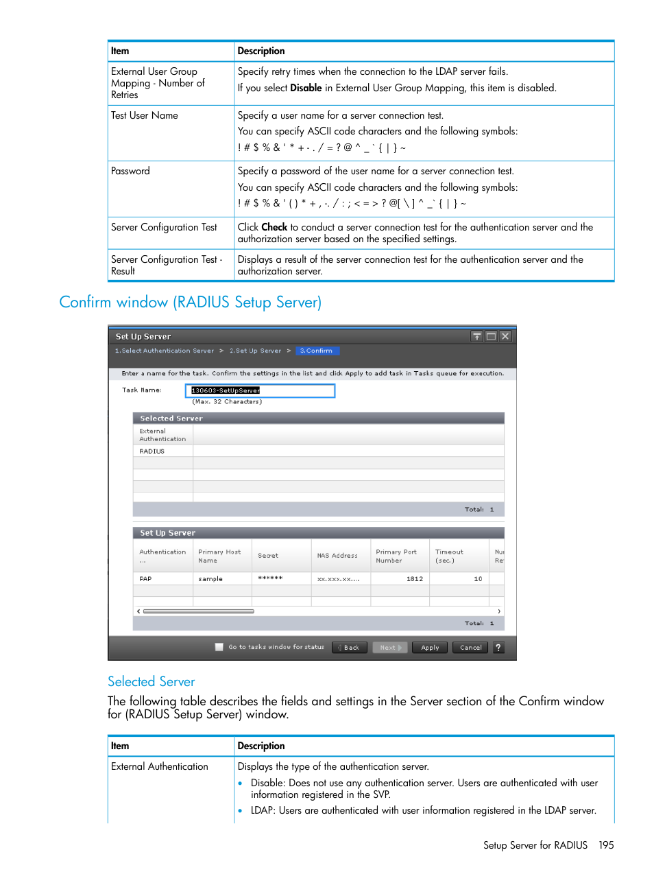 Confirm window (radius setup server), Selected server | HP XP7 Storage User Manual | Page 195 / 258