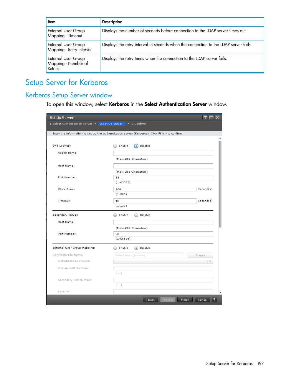 Setup server for kerberos, Kerberos setup server window | HP XP7 Storage User Manual | Page 197 / 258