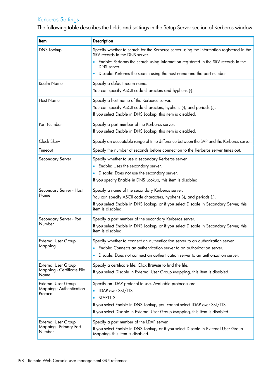 Kerberos settings | HP XP7 Storage User Manual | Page 198 / 258