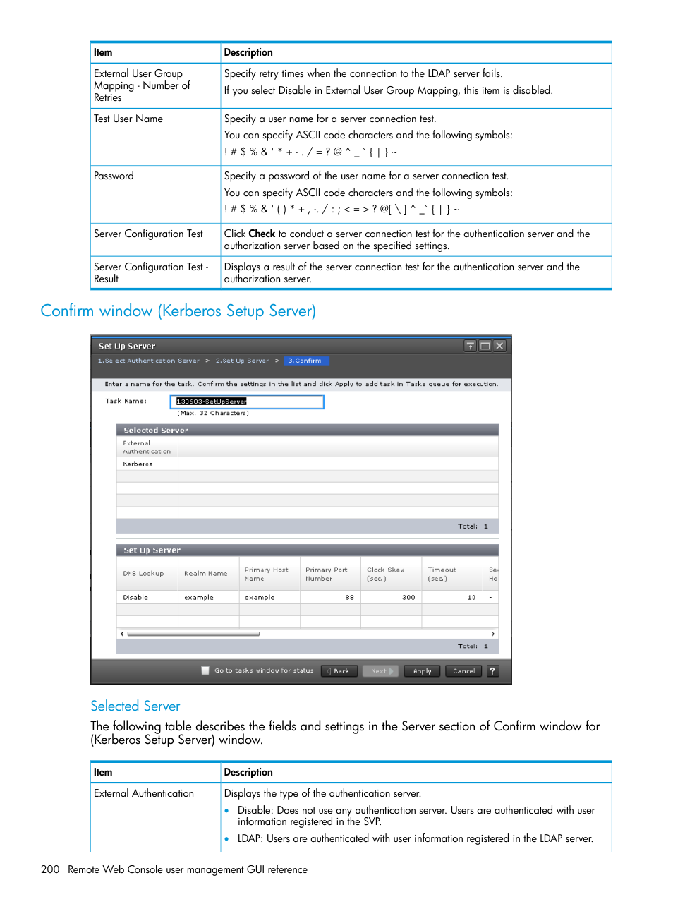 Confirm window (kerberos setup server), Selected server | HP XP7 Storage User Manual | Page 200 / 258