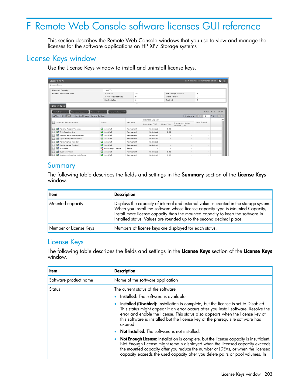 License keys window, Summary, License keys | HP XP7 Storage User Manual | Page 203 / 258