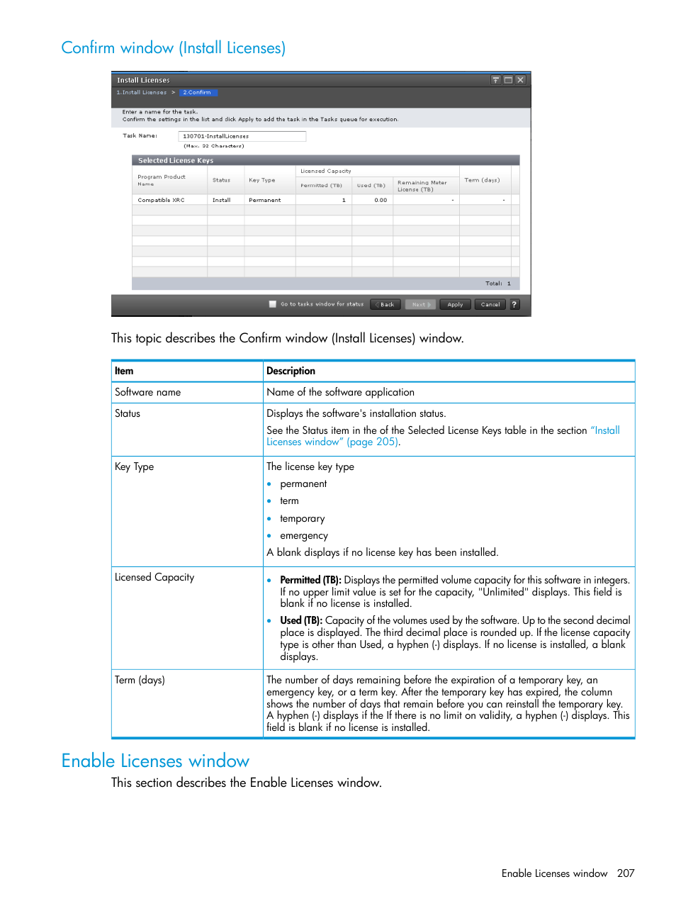 Confirm window (install licenses), Enable licenses window | HP XP7 Storage User Manual | Page 207 / 258