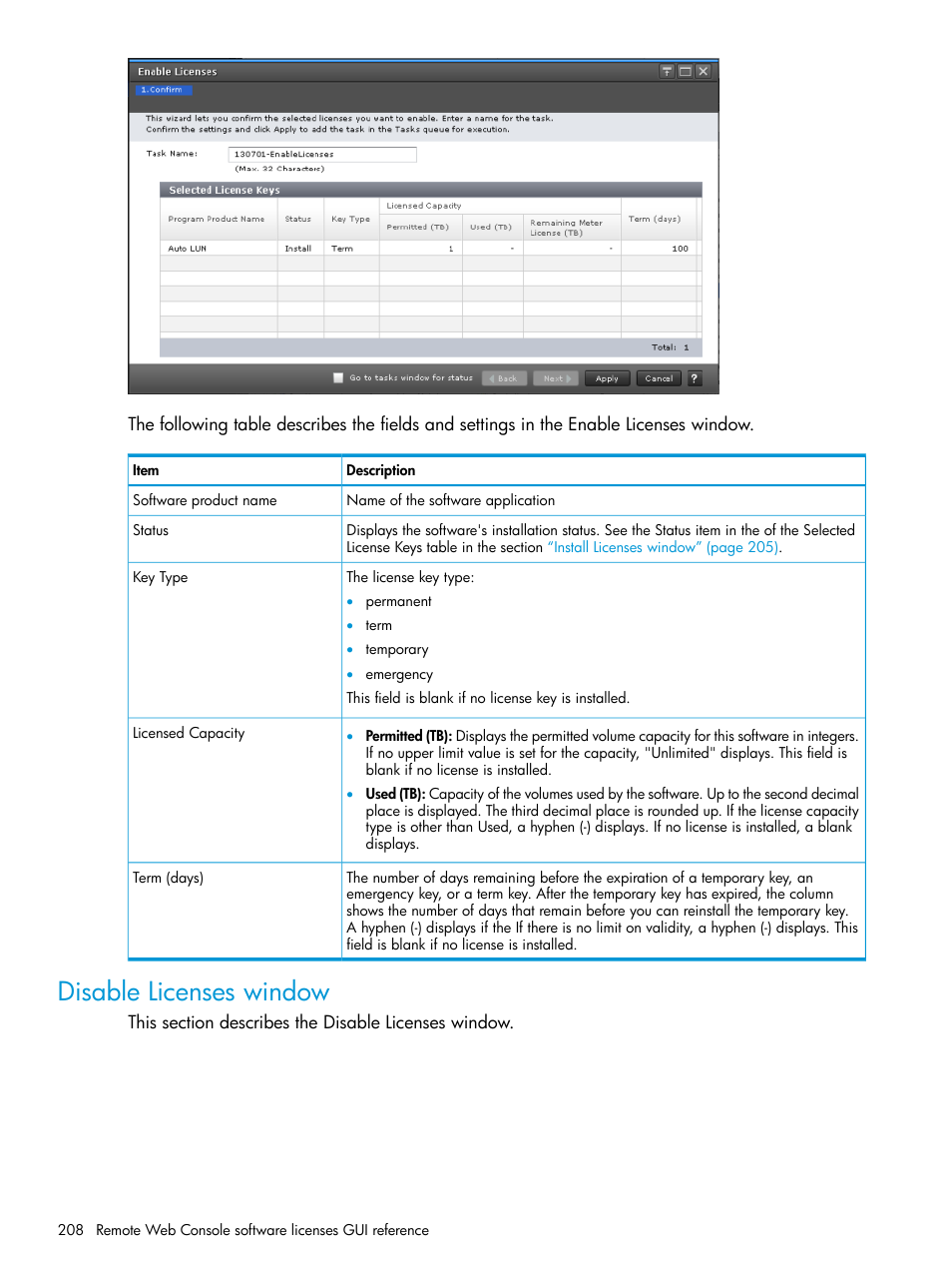 Disable licenses window | HP XP7 Storage User Manual | Page 208 / 258