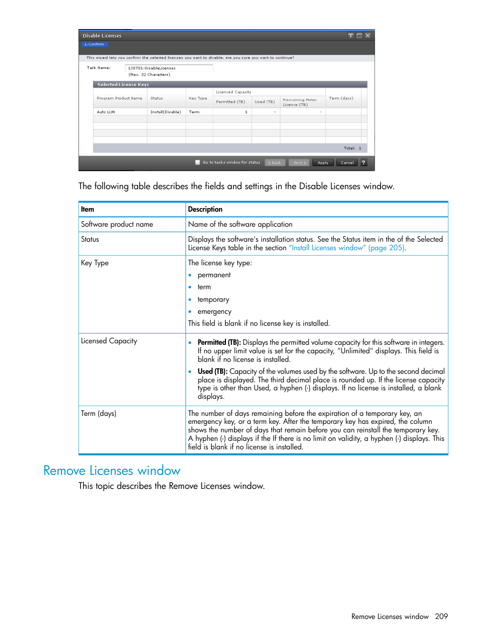 Remove licenses window | HP XP7 Storage User Manual | Page 209 / 258