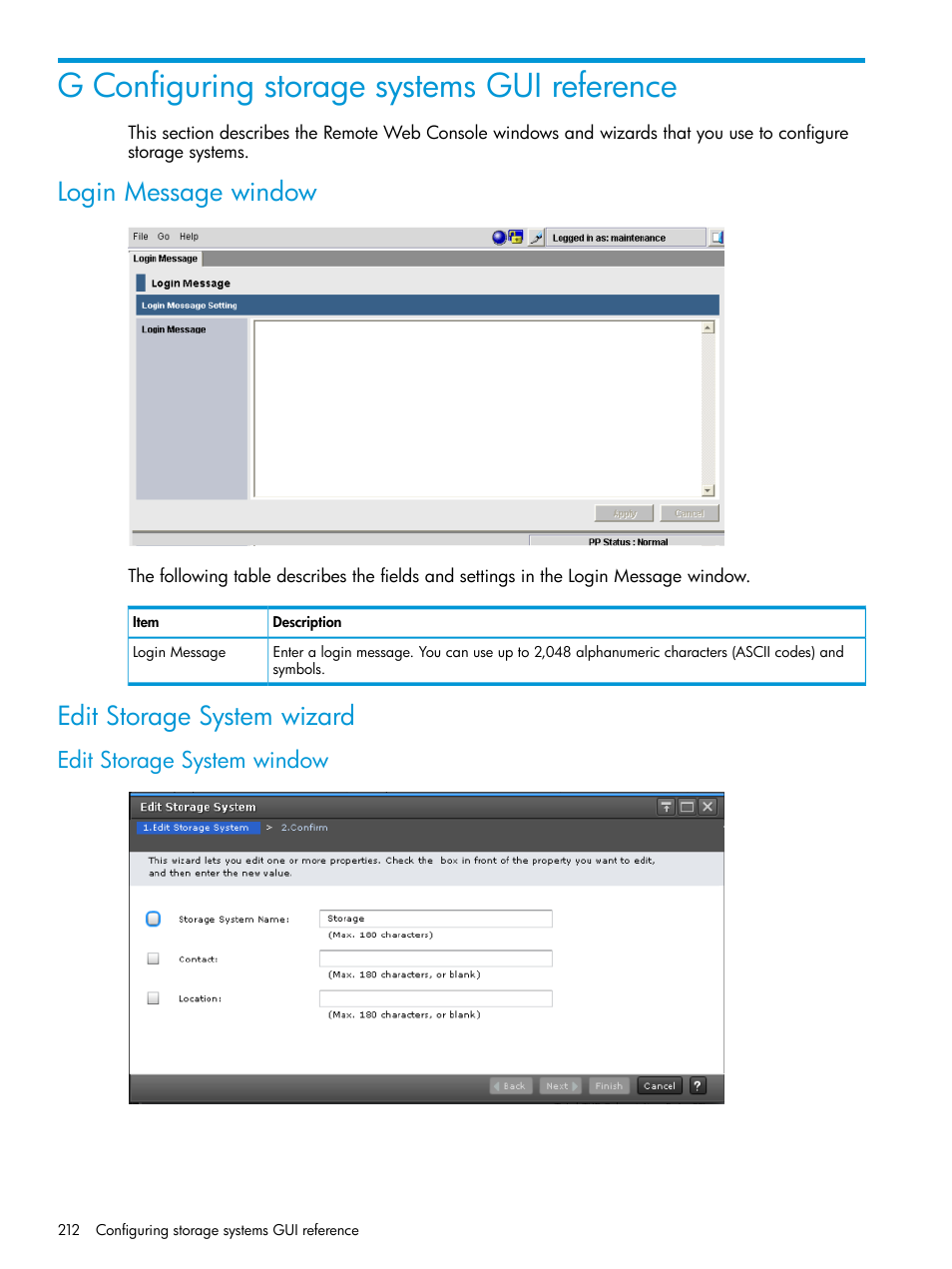 G configuring storage systems gui reference, Login message window, Edit storage system wizard | Edit storage system window, Login message window edit storage system wizard | HP XP7 Storage User Manual | Page 212 / 258