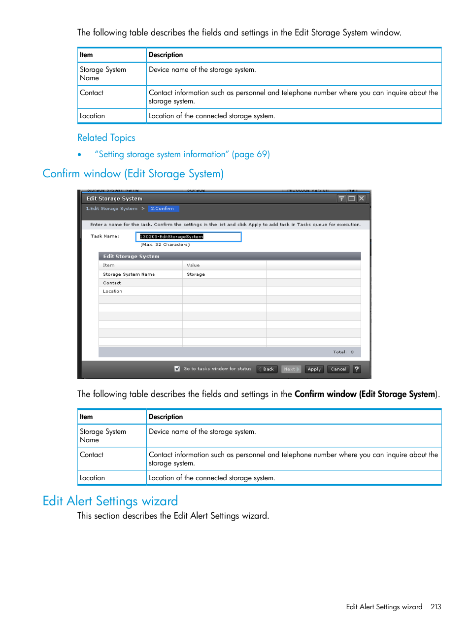 Confirm window (edit storage system), Edit alert settings wizard, Related topics | HP XP7 Storage User Manual | Page 213 / 258